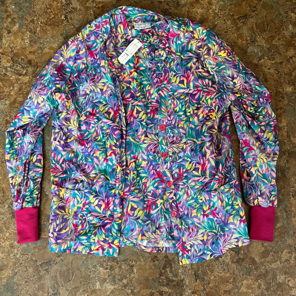 Vintage Scrub-In-A-Tub Scrub Top Womens Size Medium Floral Work Jacket Shirt